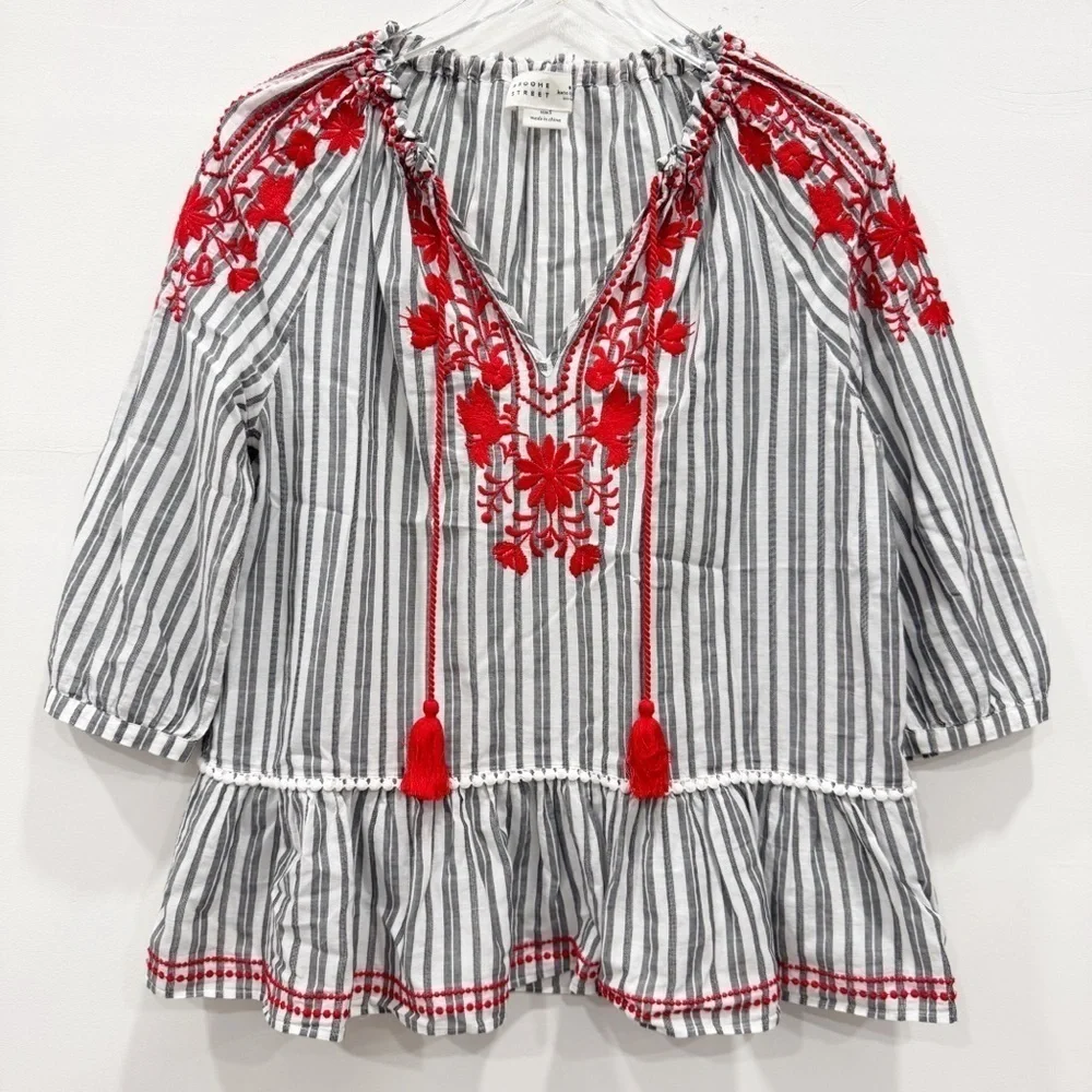 Kate Spade Broome Street Embroidered Stripe Peplum Blouse Tassle Red Grey Small
